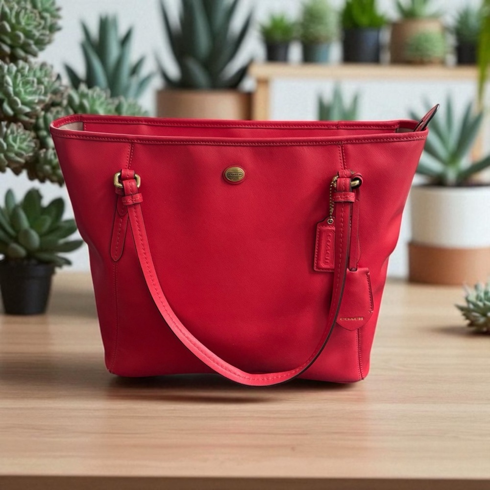 *** SOLD*** Authentic Coach “Peyton” Leather Zip-Up Handbag, Red/Coral